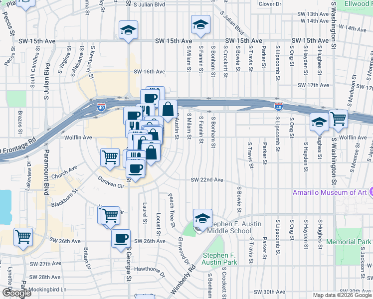 map of restaurants, bars, coffee shops, grocery stores, and more near 2026 South Austin Street in Amarillo