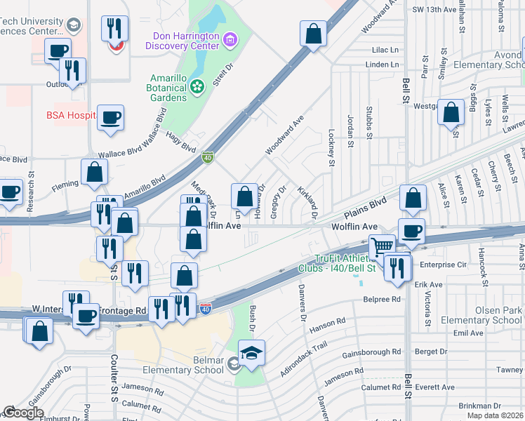 map of restaurants, bars, coffee shops, grocery stores, and more near 1961 Howard Drive in Amarillo