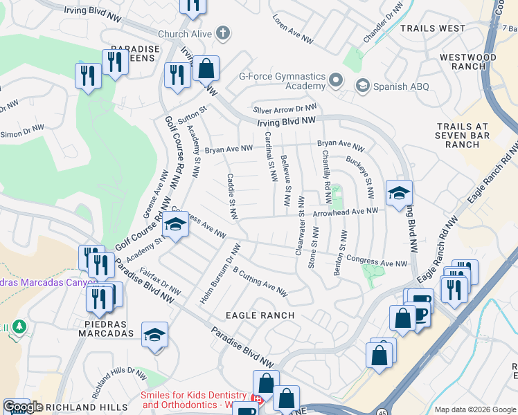 map of restaurants, bars, coffee shops, grocery stores, and more near 4548 Arrowhead Avenue Northwest in Albuquerque
