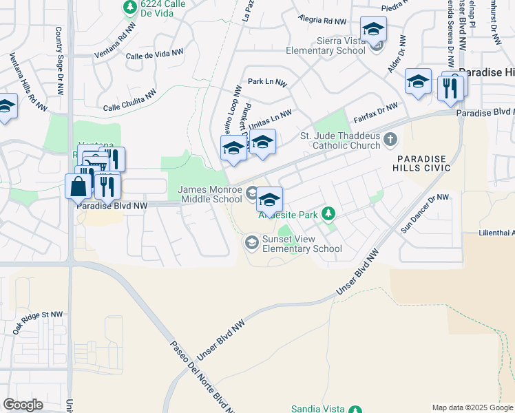 map of restaurants, bars, coffee shops, grocery stores, and more near 6100 Paradise Boulevard Northwest in Albuquerque