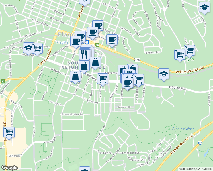 map of restaurants, bars, coffee shops, grocery stores, and more near 415 Ashurst Avenue in Flagstaff