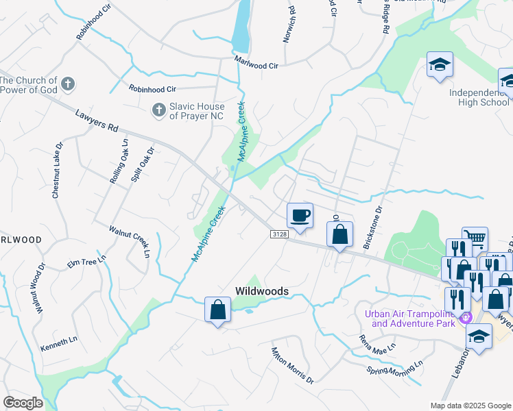 map of restaurants, bars, coffee shops, grocery stores, and more near 8326 Rust Wood Place in Charlotte