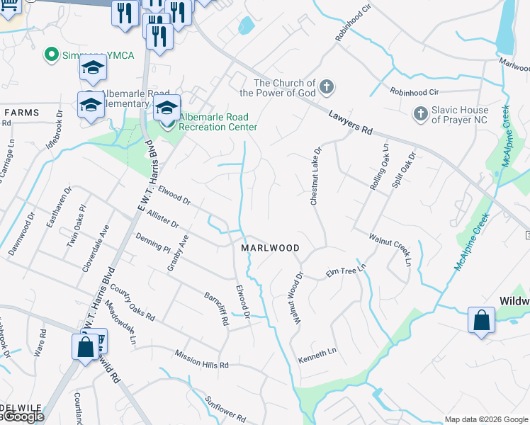 map of restaurants, bars, coffee shops, grocery stores, and more near 5332 Bellflower Lane in Charlotte