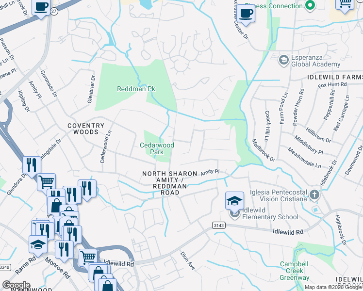 map of restaurants, bars, coffee shops, grocery stores, and more near 6636 Piney Path Road in Charlotte