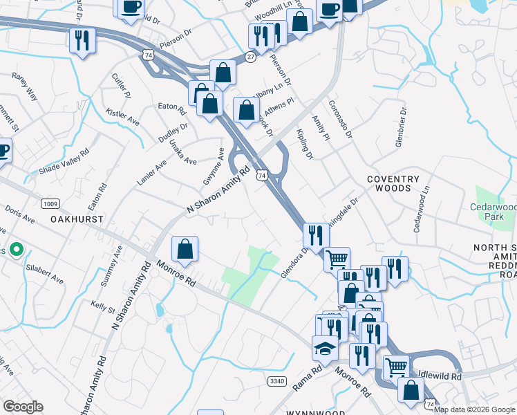 map of restaurants, bars, coffee shops, grocery stores, and more near in Charlotte