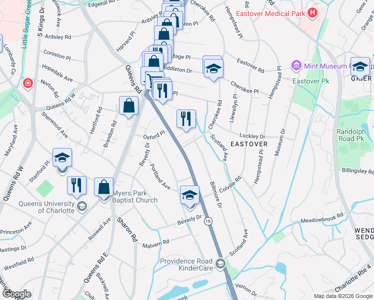 map of restaurants, bars, coffee shops, grocery stores, and more near 1220 Biltmore Drive in Charlotte