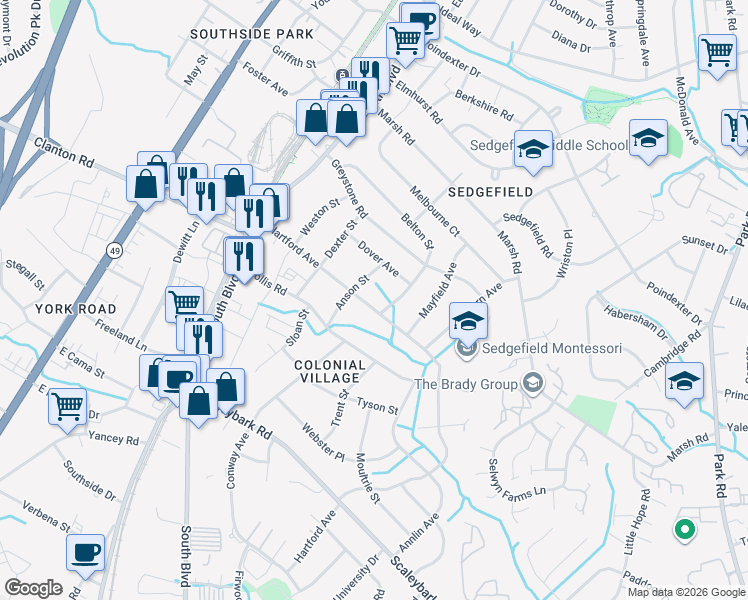 map of restaurants, bars, coffee shops, grocery stores, and more near 420 Hartford Avenue in Charlotte
