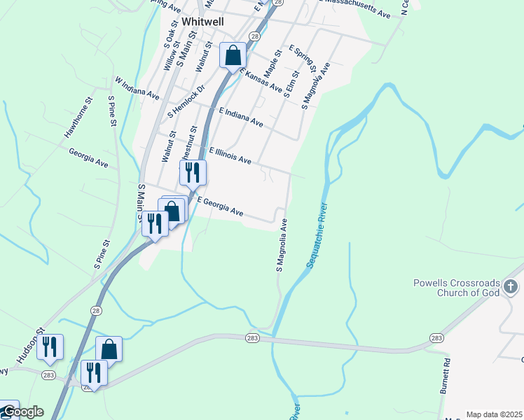 map of restaurants, bars, coffee shops, grocery stores, and more near 550 East Georgia Avenue in Whitwell