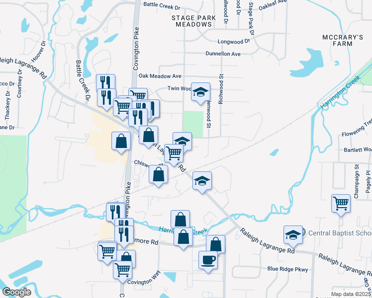 map of restaurants, bars, coffee shops, grocery stores, and more near 5124 Raleigh Lagrange Road in Memphis