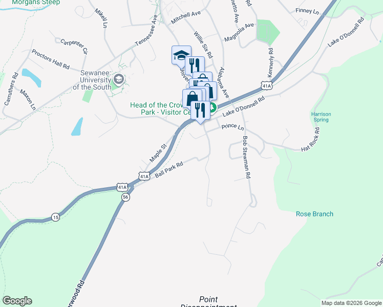map of restaurants, bars, coffee shops, grocery stores, and more near 293 Ball Park Road in Sewanee