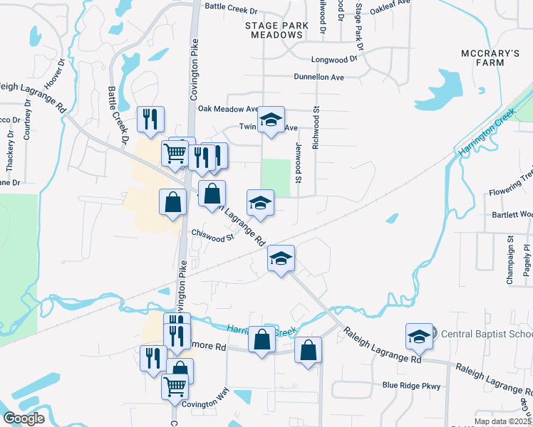 map of restaurants, bars, coffee shops, grocery stores, and more near 5124 Raleigh Lagrange Road in Memphis