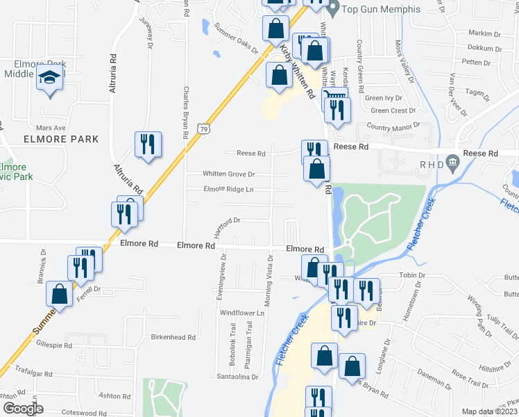 map of restaurants, bars, coffee shops, grocery stores, and more near 6679 Elmore Woods Cove in Memphis