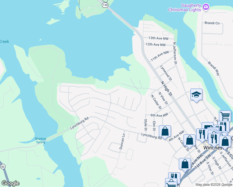 map of restaurants, bars, coffee shops, grocery stores, and more near 1025 North Vine Street in Winchester