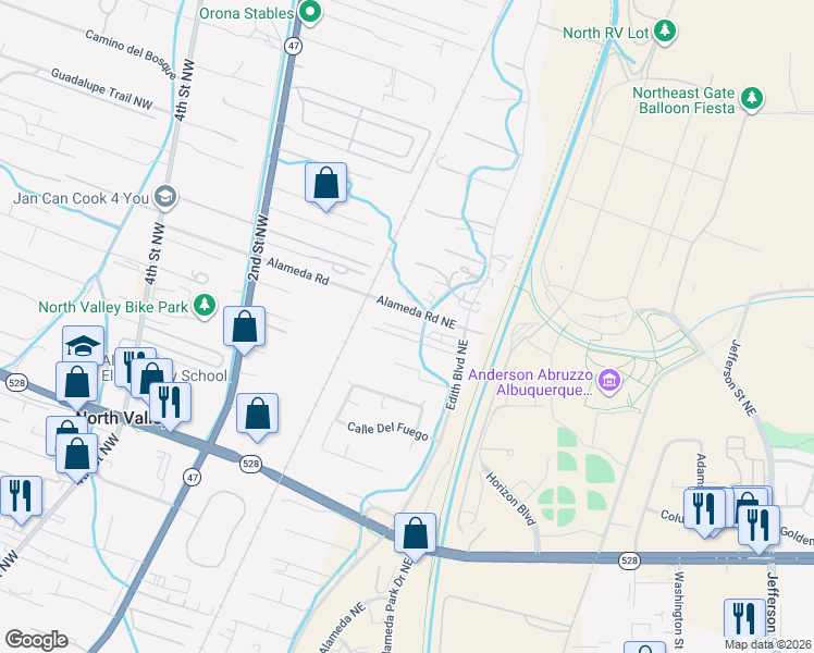 map of restaurants, bars, coffee shops, grocery stores, and more near 9819 Edith Boulevard Northeast in Albuquerque