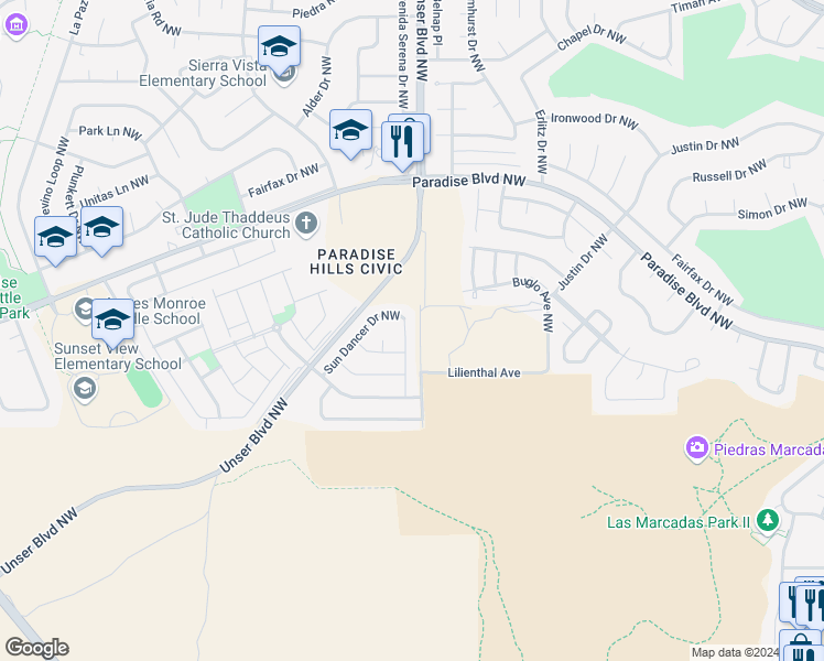 map of restaurants, bars, coffee shops, grocery stores, and more near 9620 Jacks Creek Drive Northwest in Albuquerque