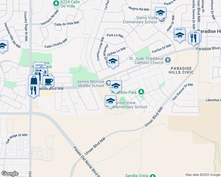 map of restaurants, bars, coffee shops, grocery stores, and more near 6100 Paradise Boulevard Northwest in Albuquerque