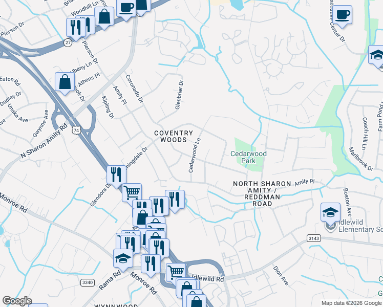 map of restaurants, bars, coffee shops, grocery stores, and more near 5116 Coronado Drive in Charlotte