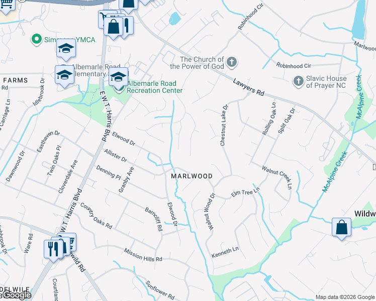 map of restaurants, bars, coffee shops, grocery stores, and more near 5332 Bellflower Lane in Charlotte