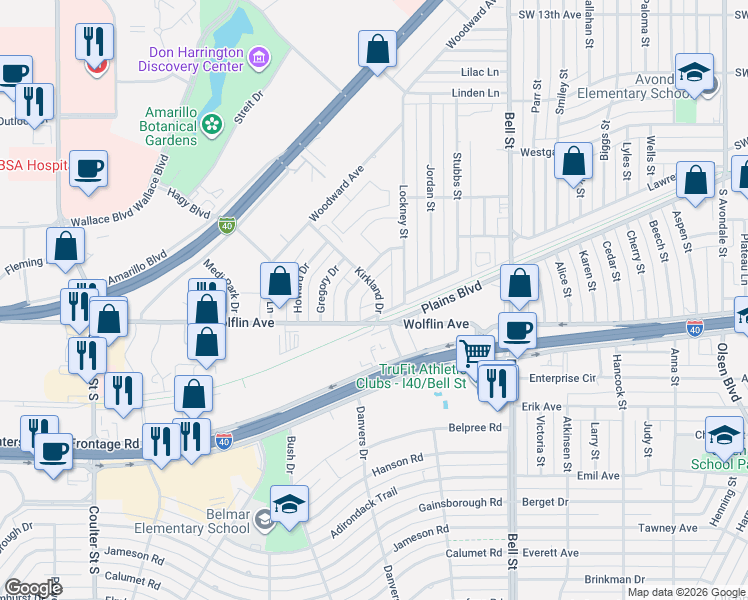 map of restaurants, bars, coffee shops, grocery stores, and more near 6506 Lawrence Boulevard in Amarillo