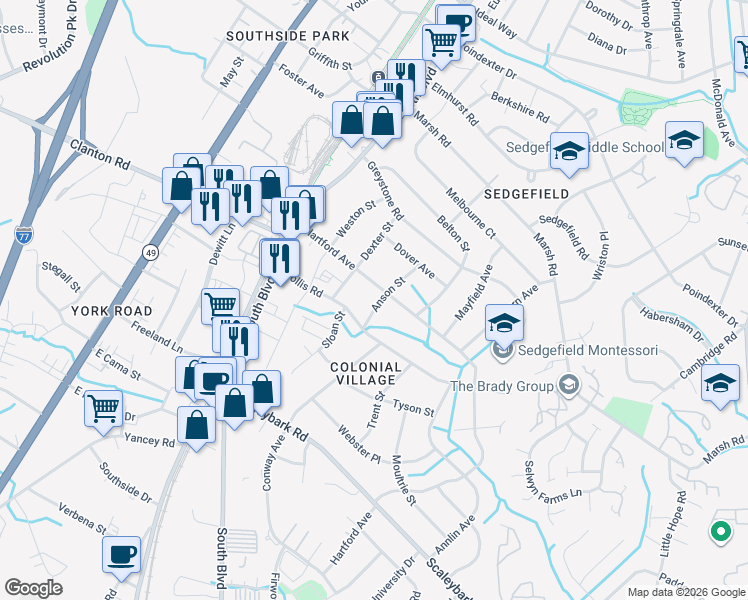 map of restaurants, bars, coffee shops, grocery stores, and more near 3440 Anson Street in Charlotte