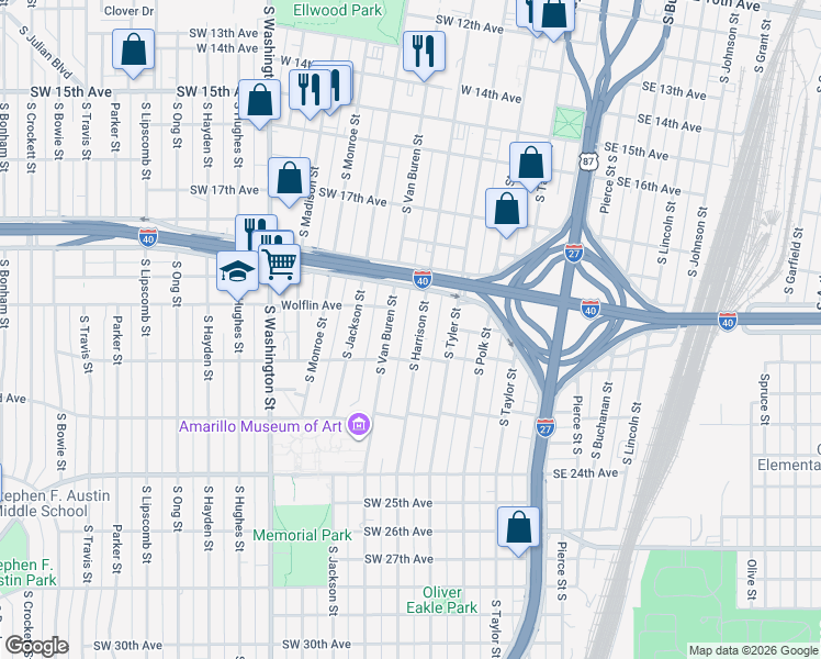 map of restaurants, bars, coffee shops, grocery stores, and more near 1931 South Harrison Street in Amarillo