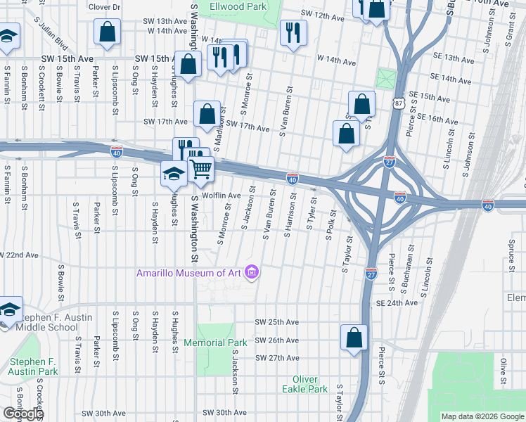 map of restaurants, bars, coffee shops, grocery stores, and more near 1933 South Van Buren Street in Amarillo