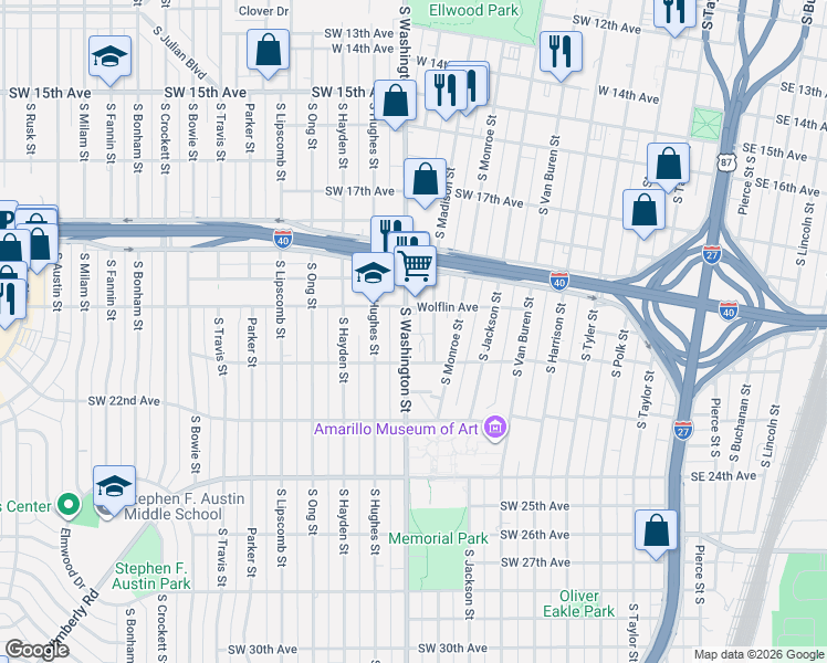 map of restaurants, bars, coffee shops, grocery stores, and more near 2021-2099 S Washington St in Amarillo