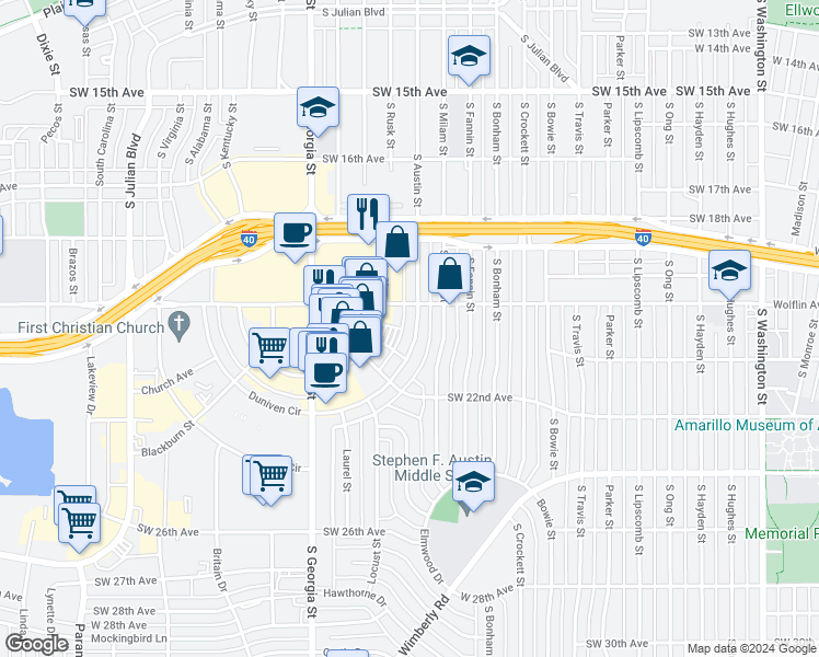 map of restaurants, bars, coffee shops, grocery stores, and more near 2026 South Austin Street in Amarillo