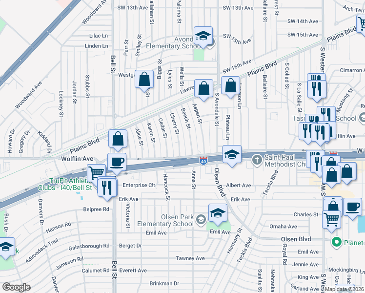 map of restaurants, bars, coffee shops, grocery stores, and more near 1937 Cherry Street in Amarillo