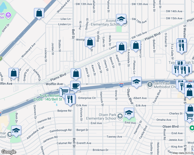 map of restaurants, bars, coffee shops, grocery stores, and more near 1934 Cedar Street in Amarillo