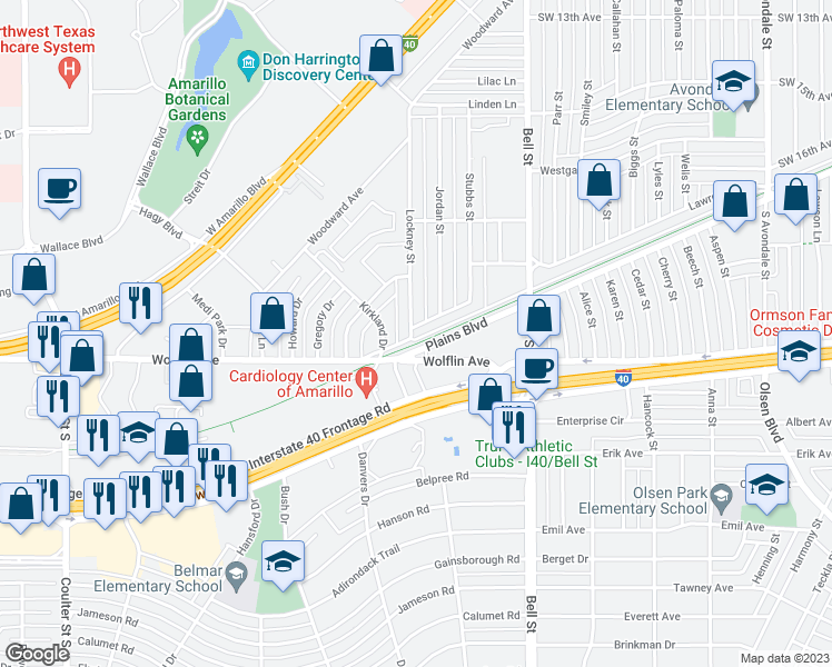 map of restaurants, bars, coffee shops, grocery stores, and more near 6398 Plains Boulevard in Amarillo