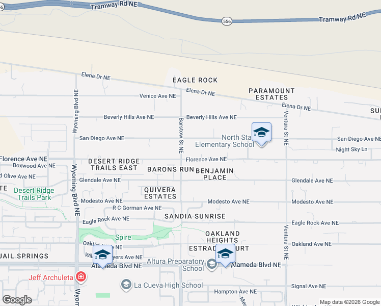 map of restaurants, bars, coffee shops, grocery stores, and more near 9220 Barstow Street Northeast in Albuquerque