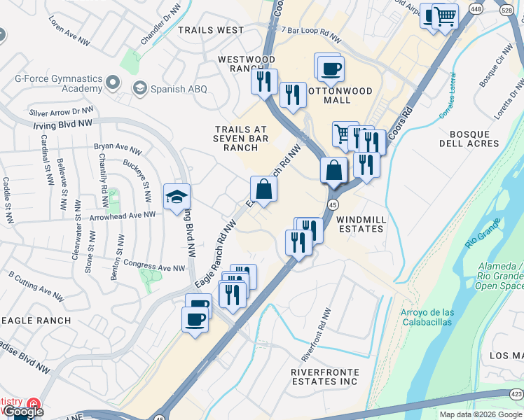 map of restaurants, bars, coffee shops, grocery stores, and more near 9660 Eagle Ranch Road Northwest in Albuquerque