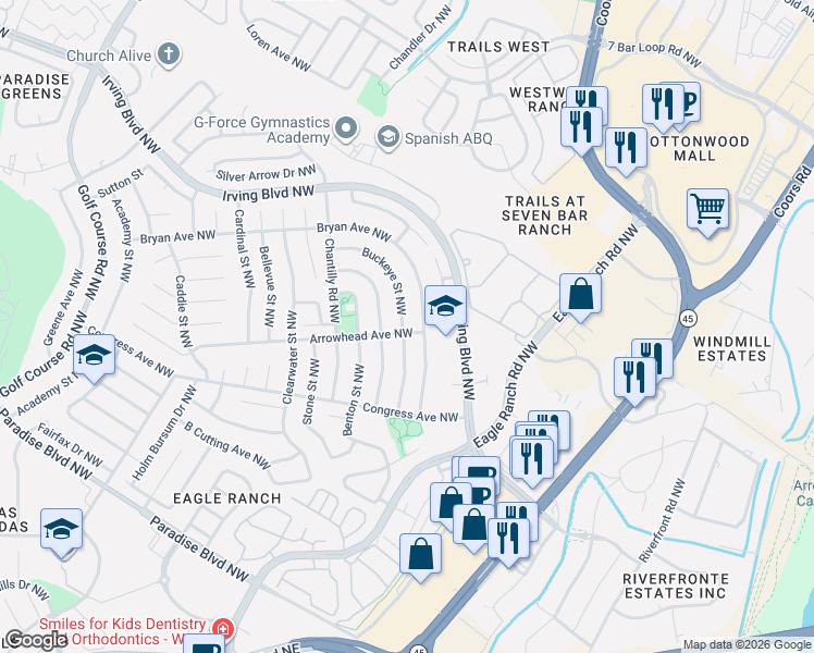 map of restaurants, bars, coffee shops, grocery stores, and more near 9841 Buckeye Street Northwest in Albuquerque