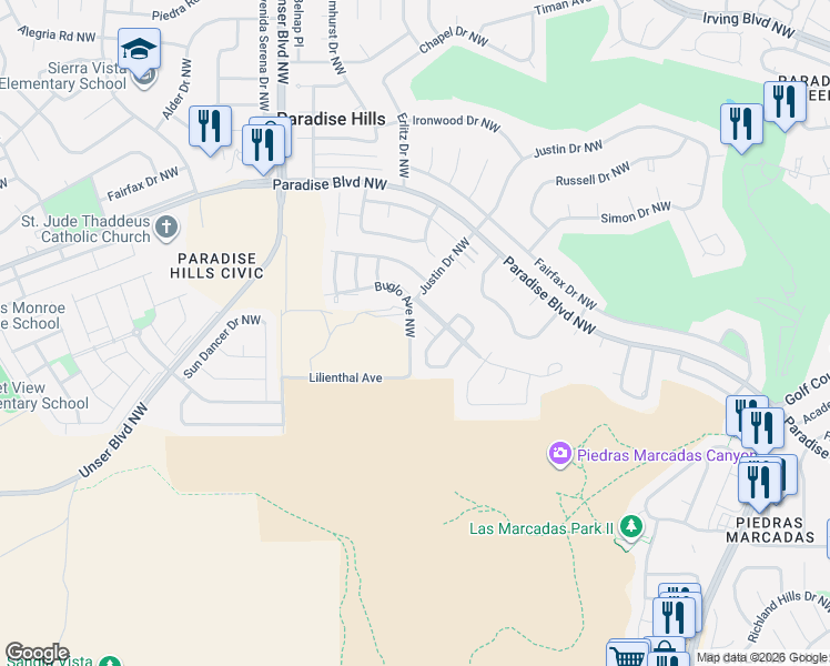 map of restaurants, bars, coffee shops, grocery stores, and more near 9715 Kokopelli Drive Northwest in Albuquerque