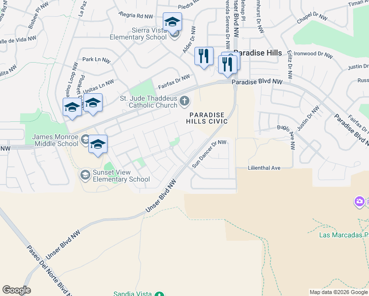 map of restaurants, bars, coffee shops, grocery stores, and more near 9539 Sun Dancer Drive Northwest in Albuquerque