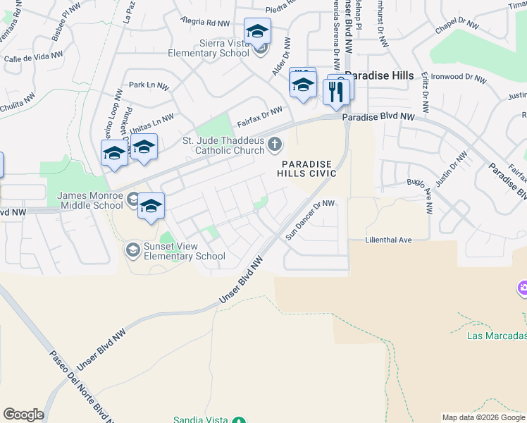 map of restaurants, bars, coffee shops, grocery stores, and more near 9516 Sandstone Rim Drive Northwest in Albuquerque