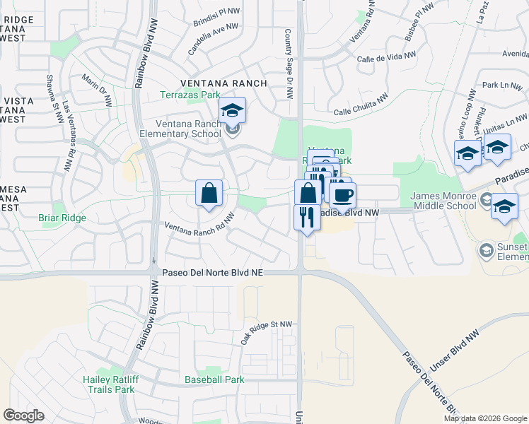 map of restaurants, bars, coffee shops, grocery stores, and more near 9701 Monteria Street Northwest in Albuquerque