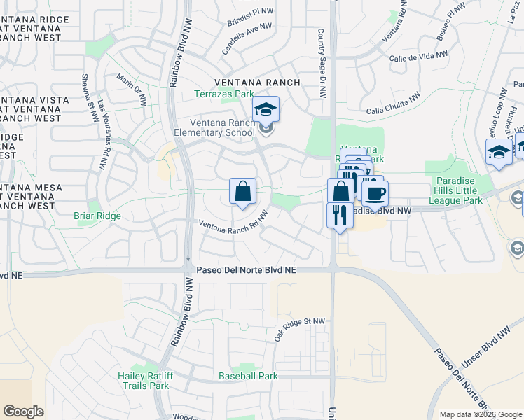 map of restaurants, bars, coffee shops, grocery stores, and more near 6932 Eastford Place Northwest in Albuquerque