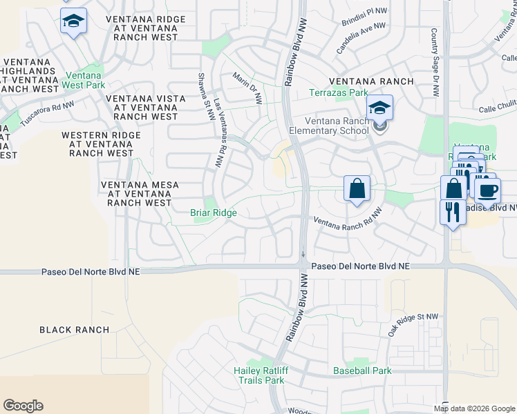 map of restaurants, bars, coffee shops, grocery stores, and more near 7324 Triana Place Northwest in Albuquerque
