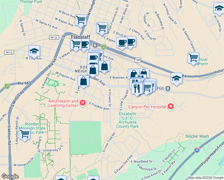 map of restaurants, bars, coffee shops, grocery stores, and more near 415 Ashurst Avenue in Flagstaff