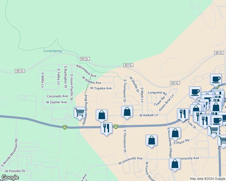 map of restaurants, bars, coffee shops, grocery stores, and more near 1000 South Thompson Street in Flagstaff