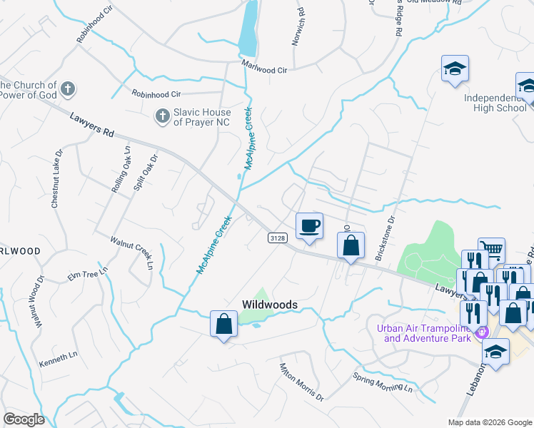 map of restaurants, bars, coffee shops, grocery stores, and more near 8326 Rust Wood Place in Charlotte