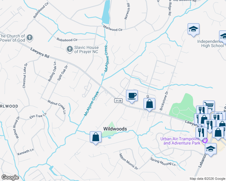 map of restaurants, bars, coffee shops, grocery stores, and more near 8326 Rust Wood Place in Charlotte