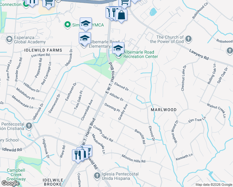 map of restaurants, bars, coffee shops, grocery stores, and more near 624 Allister Drive in Charlotte