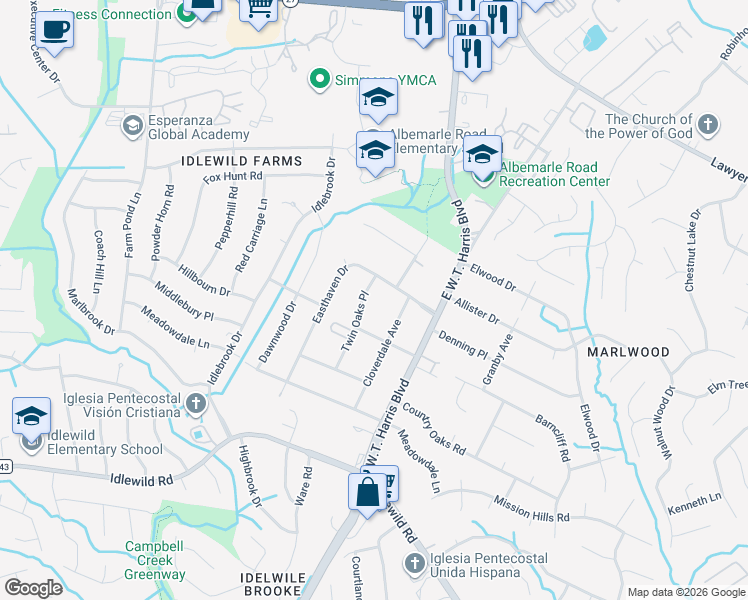 map of restaurants, bars, coffee shops, grocery stores, and more near 4614 Twin Oaks Place in Charlotte