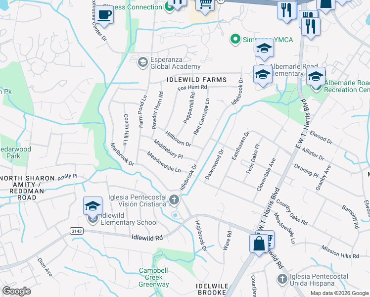 map of restaurants, bars, coffee shops, grocery stores, and more near 7527 Middlebury Place in Charlotte