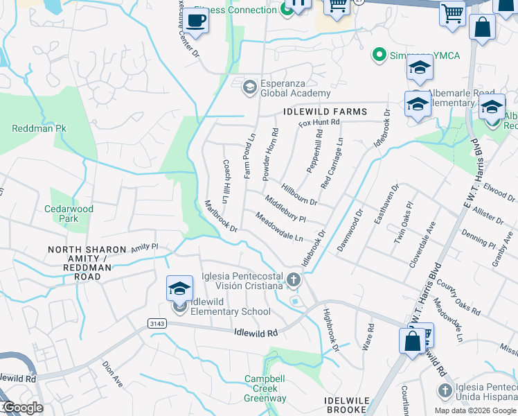 map of restaurants, bars, coffee shops, grocery stores, and more near 7335 Meadowdale Lane in Charlotte