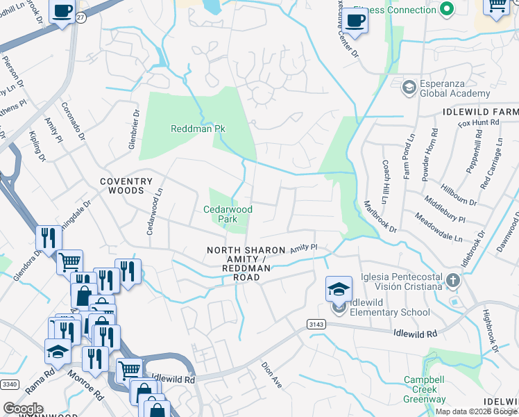 map of restaurants, bars, coffee shops, grocery stores, and more near 6636 Piney Path Road in Charlotte