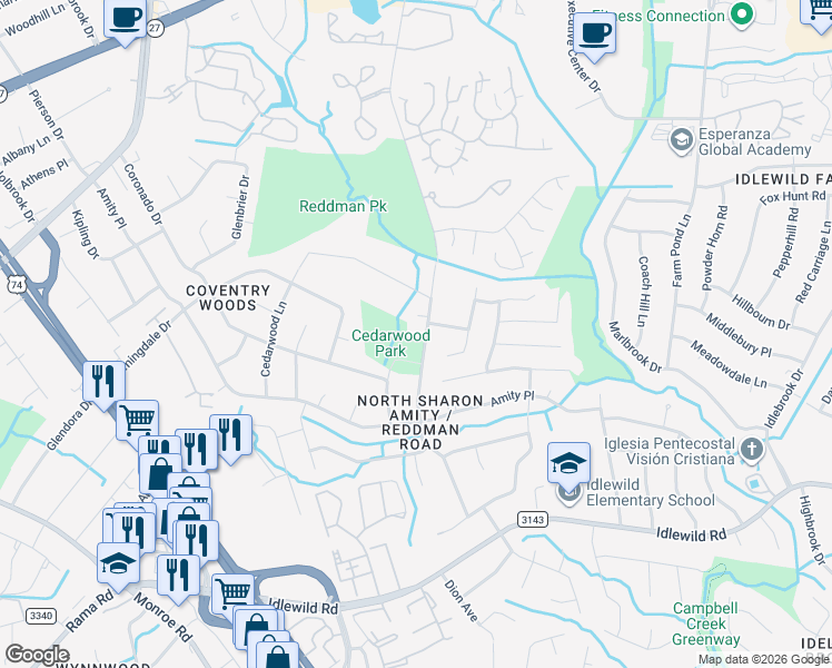 map of restaurants, bars, coffee shops, grocery stores, and more near 6636 Piney Path Road in Charlotte
